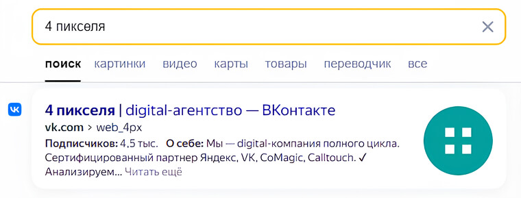 Пример сниппета социальной сети на выдаче в Яндексе